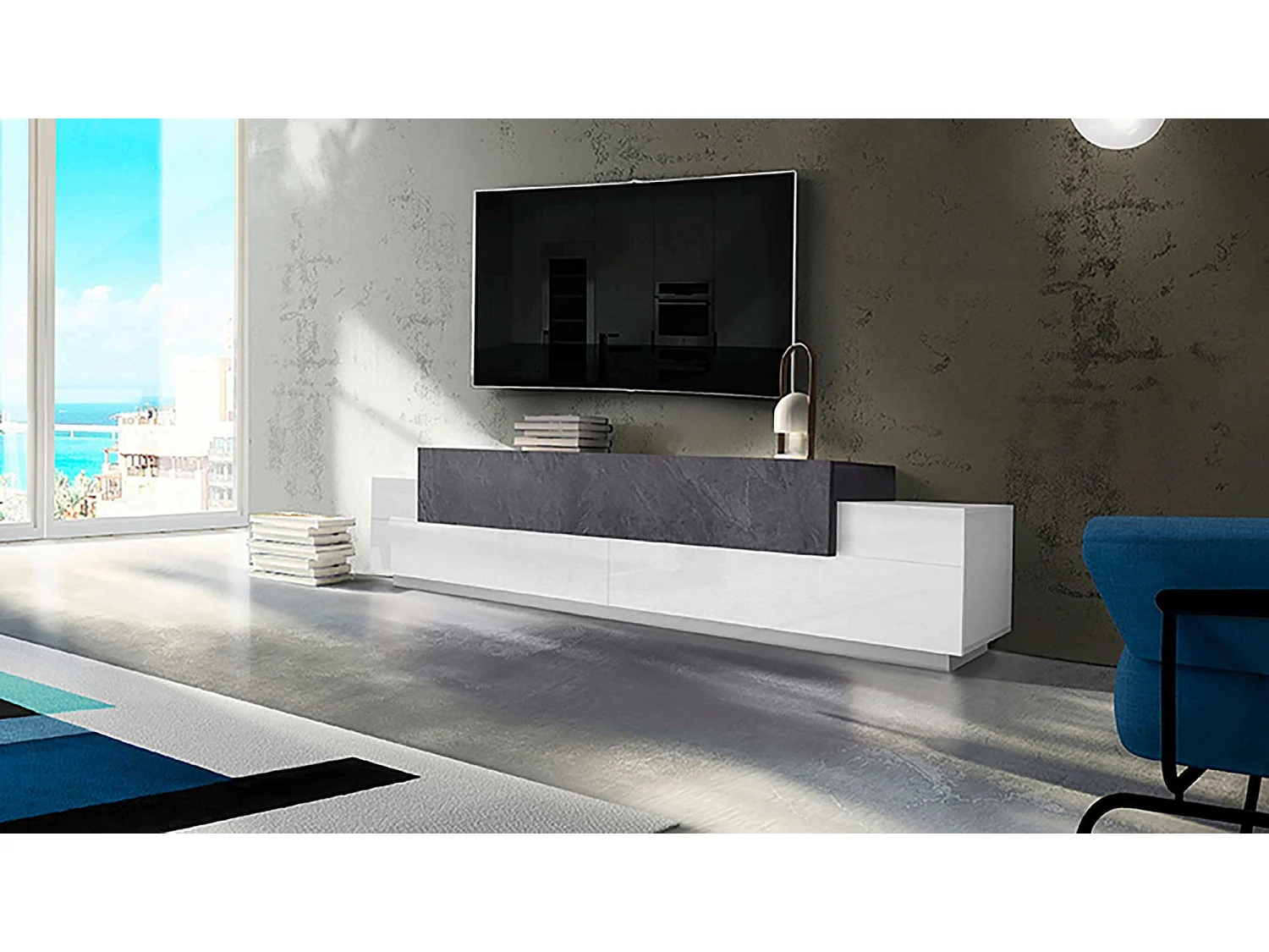 Meuble TV Nico, Buffet bas de salon, Base pour meuble TV, 100% Made in Italy, 240x45h52 cm, Blanc brillant et ardoise