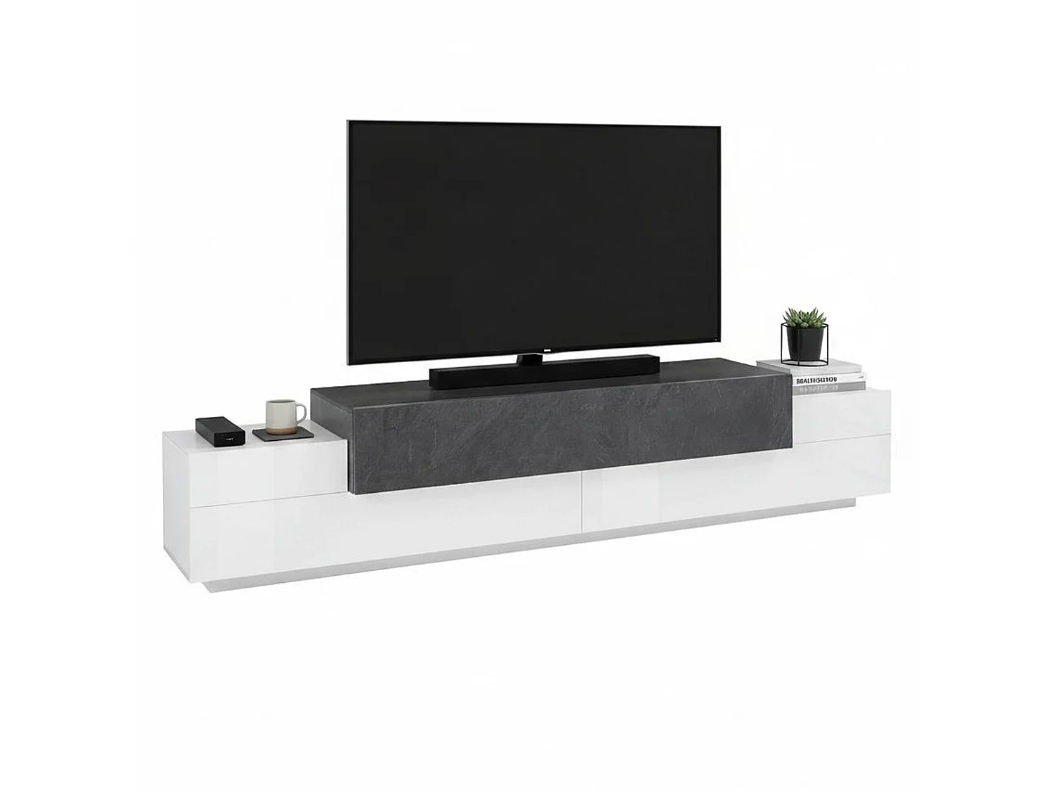 Mobile porta TV Nico, Credenza bassa da soggiorno, Base porta televisione, 100% Made in Italy, cm 240x45h52, Bianco lucido e Ardesia