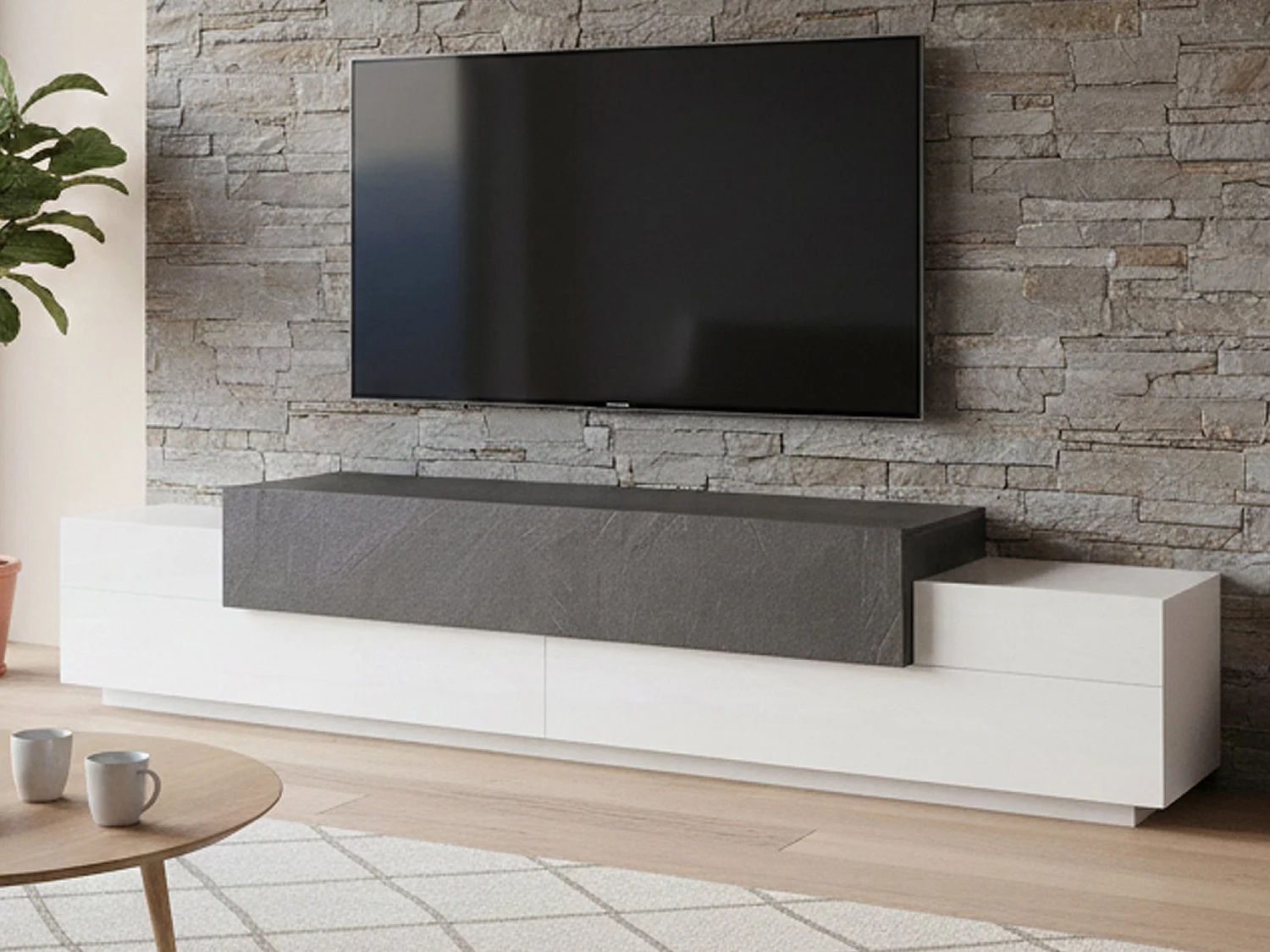 Mobile porta TV Nico, Credenza bassa da soggiorno, Base porta televisione, 100% Made in Italy, cm 240x45h52, Bianco lucido e Ardesia