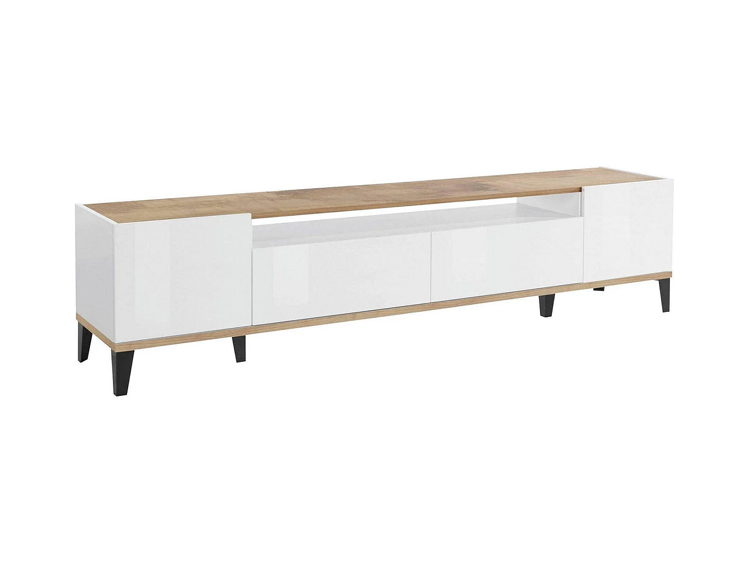 Meuble TV Raffaele, Buffet bas de salon avec 2 portes, Base pour meuble TV, 100% Made in Italy, 200x40h47 cm, Blanc brillant et érable