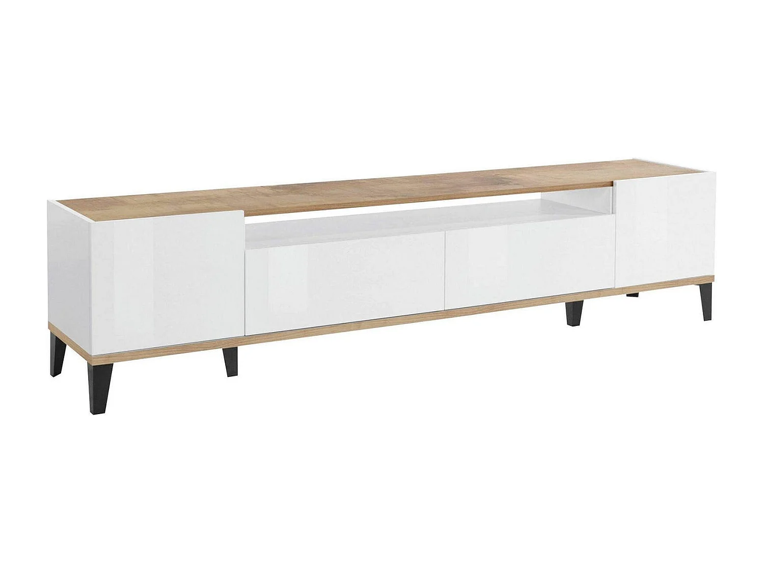 TV-Schrank Raffaele, niedriges Wohnzimmer-Sideboard mit 2 Türen, Fernsehständer-Basis, 100 % Made in Italy, 200 x 40 x 47 cm, glänzendes WeiÃŸ und Ahorn,
