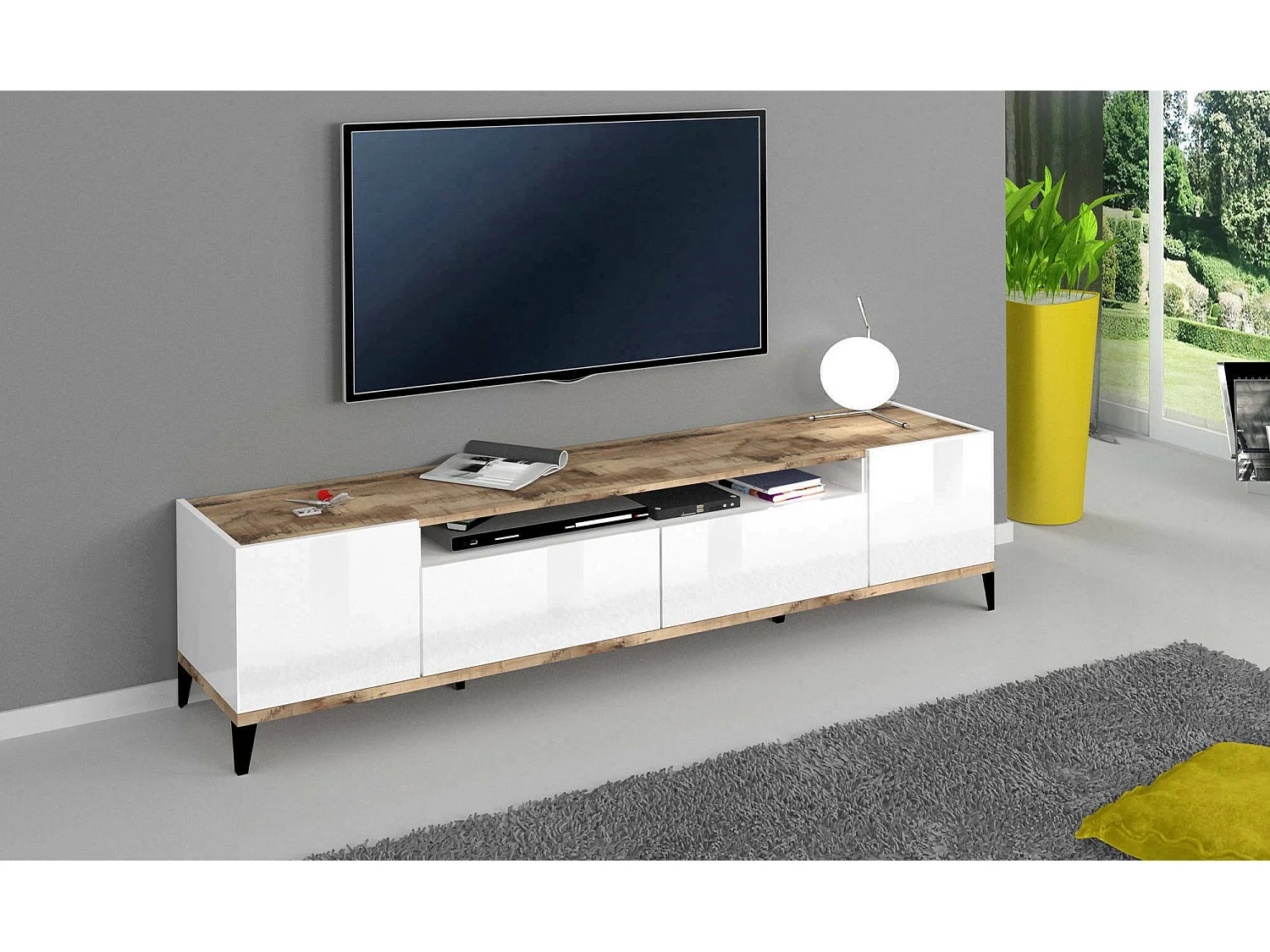 Dmora Tv-meubel Raffaele 40x200x47h cm Glanzend Bruin 2 Planken 2 Lades, 3 Vakken Made in Italy