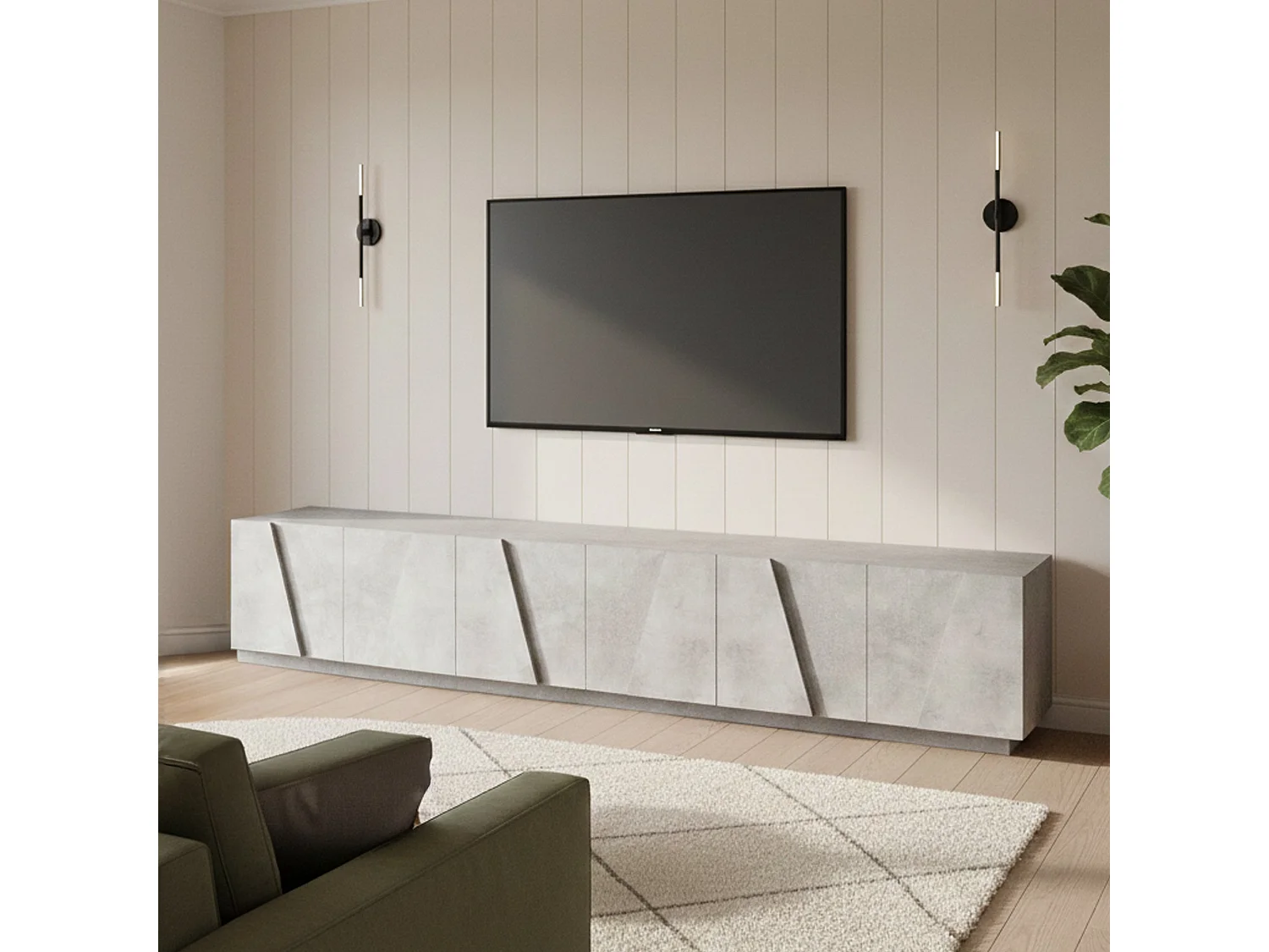 Meuble TV Lucas, Buffet bas de salon, Base pour meuble TV, 100% Made in Italy, 244x44h46 cm, Ciment foncé