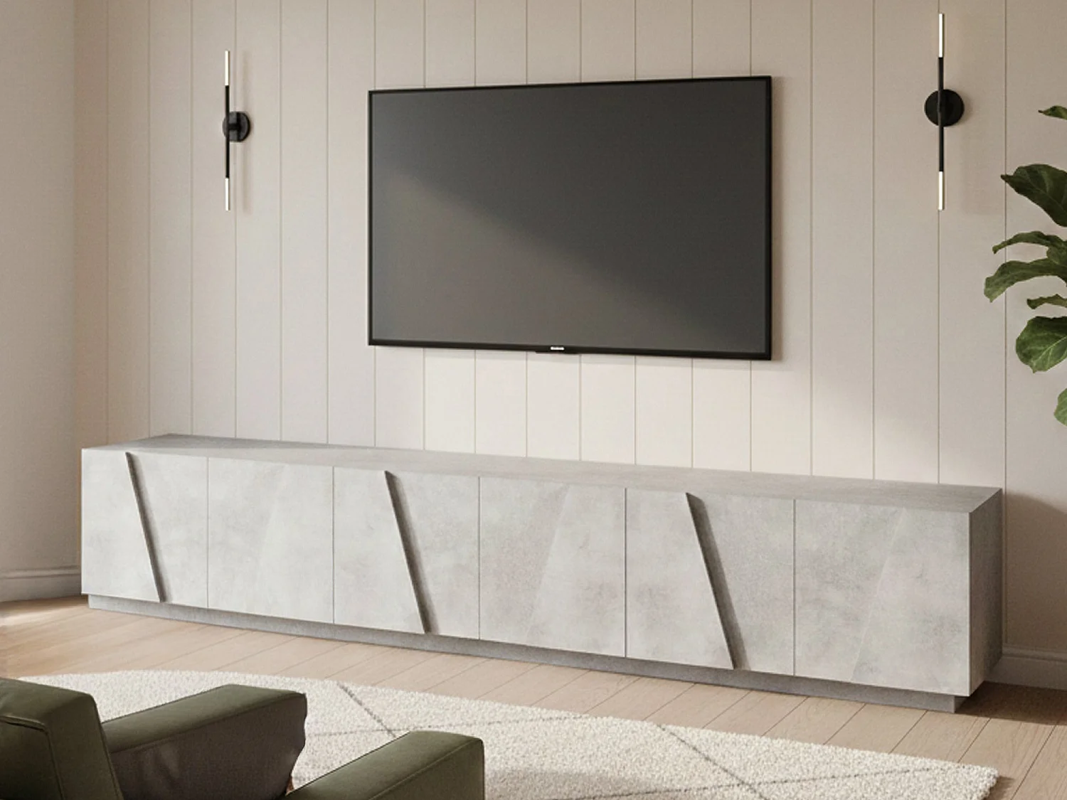 Mobile porta TV Lucas, Credenza bassa da soggiorno, Base porta televisione, 100% Made in Italy, cm 244x44h46, Cemento scuro