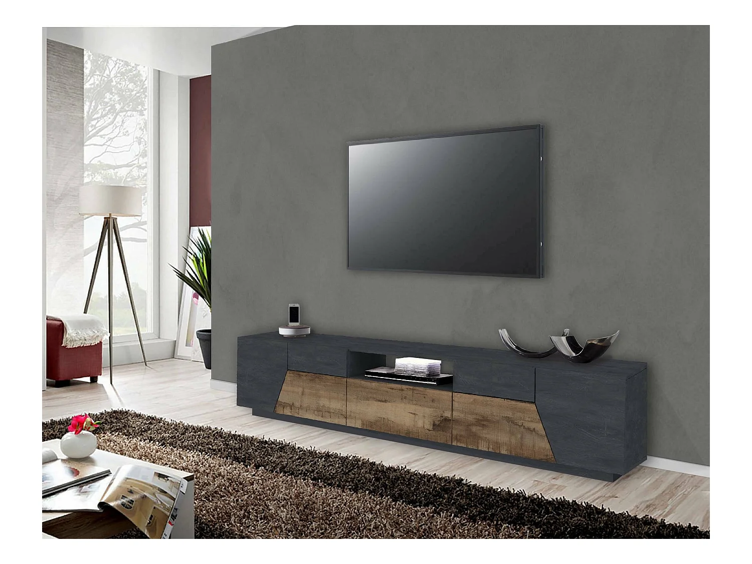 Jacopo TV-meubel, Laag woonkamerdressoir, Onderstel televisiemeubel, 100% Made in Italy, 220x43h46 cm, Leisteen en esdoorn