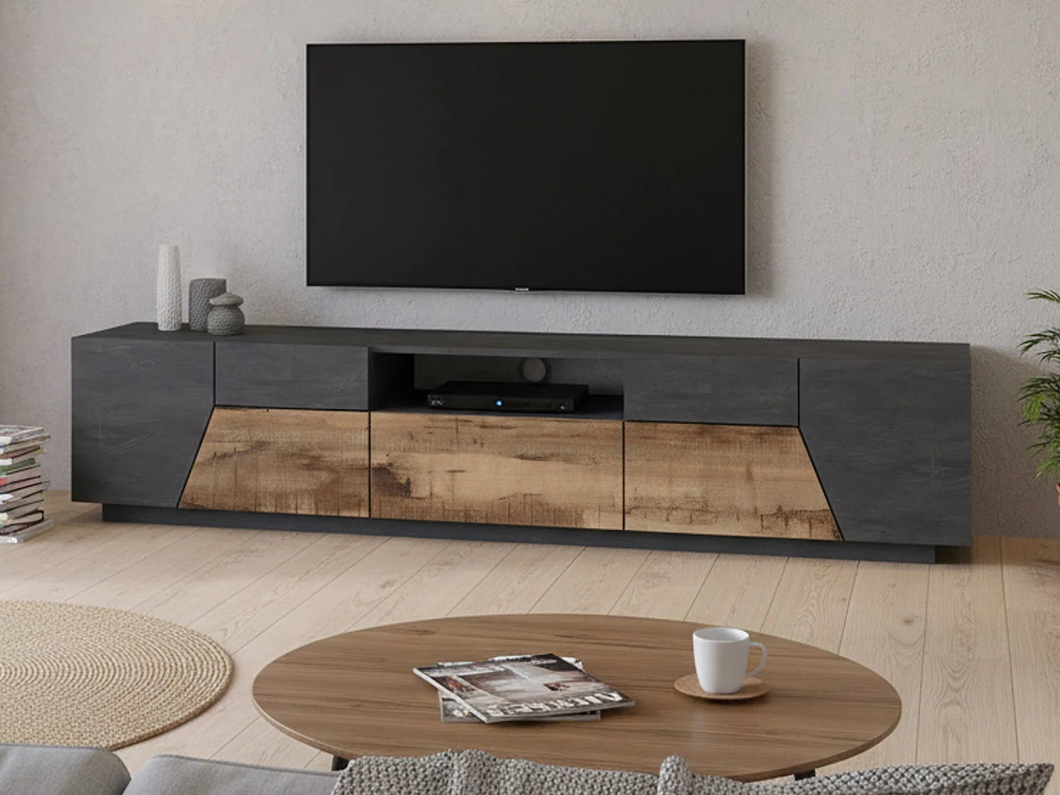 Móvel de TV Jacopo, Aparador baixo de sala, Base de móvel de televisão, 100% Fabricado em Itália, 220x43h46 cm, Ardósia e Bordo