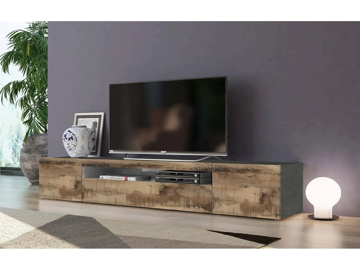 Dmora TV-Meubel Salvatore 40x200x37h cm Grijs Esdoorn 2 Planken 4 Vakken, 3 Deuren Made in Italy
