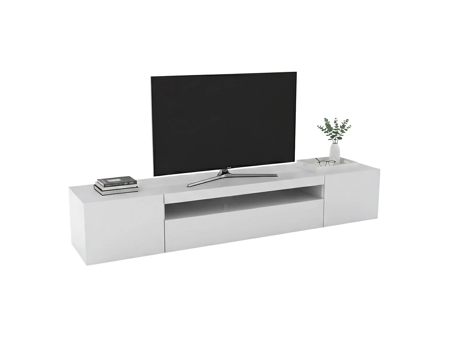 Dmora Mobile Porta tv 40x200x37h cm Bianco Lucido Apertura Battente e a Ribalta 4 Vani, 3 Ante Made in Italy