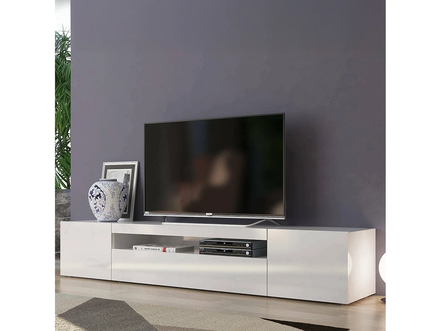 Dmora Mobile Porta tv 40x200x37h cm Bianco Lucido Apertura Battente e a Ribalta 4 Vani, 3 Ante Made in Italy