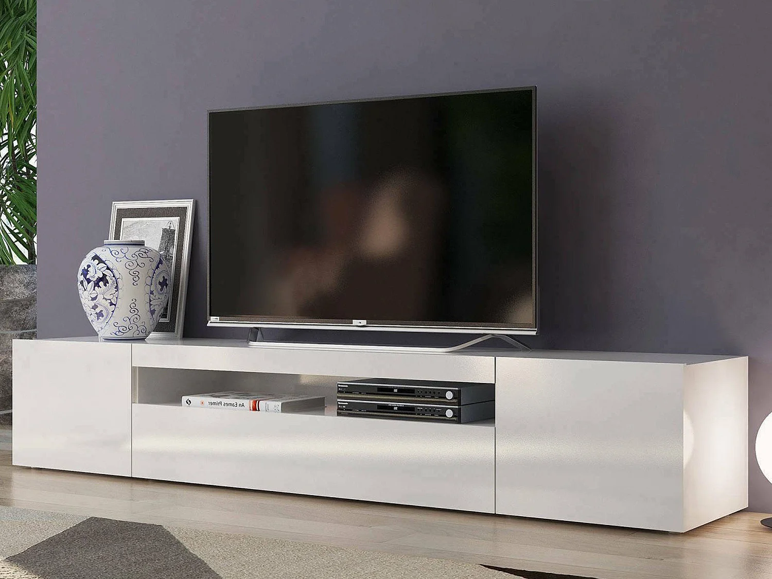 Dmora Mobile Porta tv 40x200x37h cm Bianco Lucido Apertura Battente e a Ribalta 4 Vani, 3 Ante Made in Italy