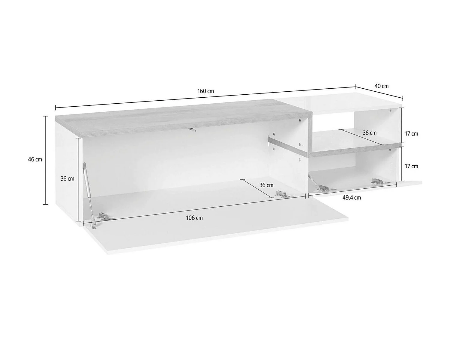 Meuble TV Lapo, Buffet bas de salon avec 2 portes, Base pour meuble TV, 100% Made in Italy, 160x40h46 cm, Blanc brillant et érable