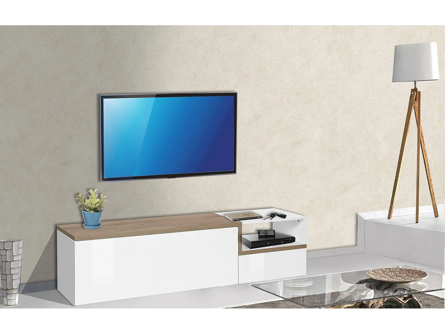 Meuble TV Lapo, Buffet bas de salon avec 2 portes, Base pour meuble TV, 100% Made in Italy, 160x40h46 cm, Blanc brillant et érable