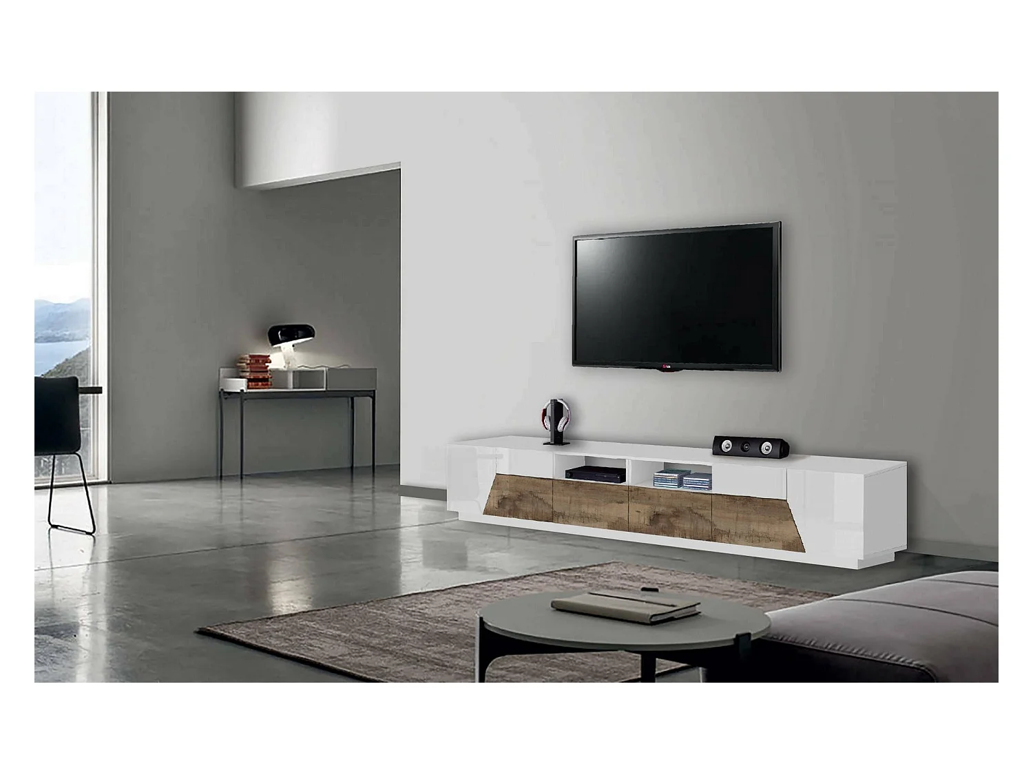 Meuble TV Gregorio, Buffet bas de salon avec 4 portes, Base pour meuble TV, 100% Made in Italy, 260x43h46 cm, Blanc brillant et érable