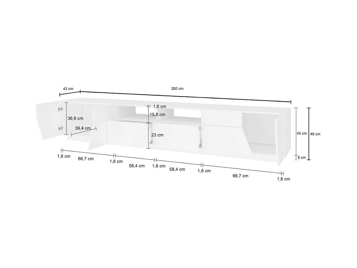 Gregorio TV-meubel, Laag woonkamerdressoir met 4 deuren, Onderstel televisiemeubel, 100% Made in Italy, 260x43h46 cm, Glanzend wit en esdoorn