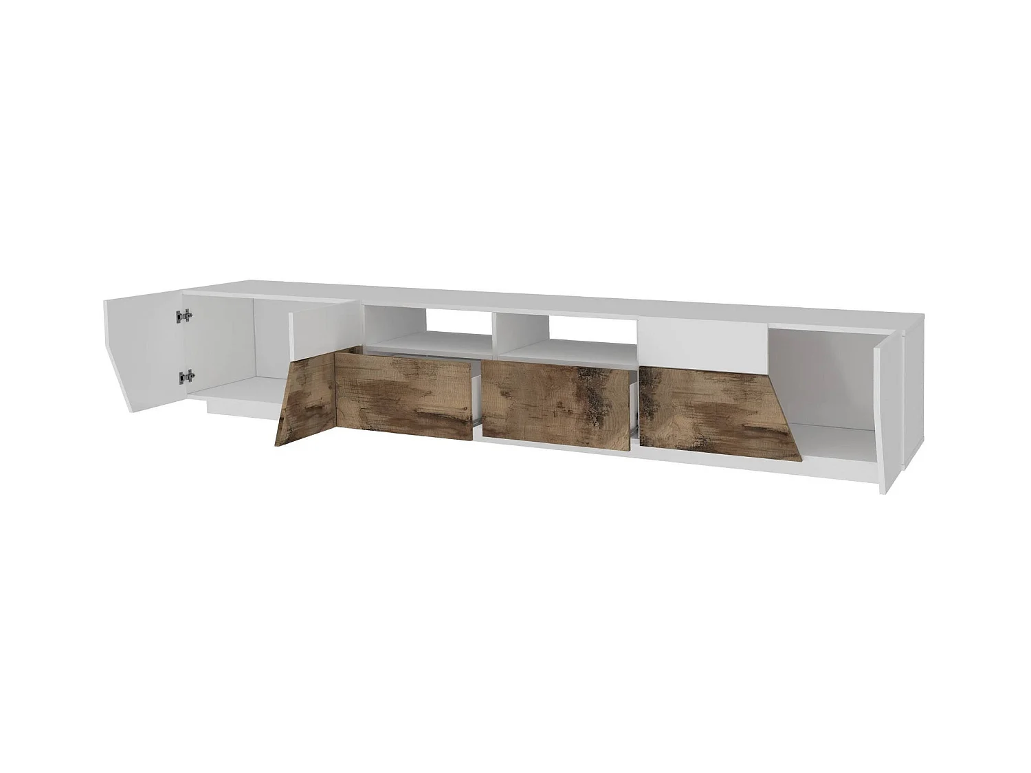 Gregorio TV-meubel, Laag woonkamerdressoir met 4 deuren, Onderstel televisiemeubel, 100% Made in Italy, 260x43h46 cm, Glanzend wit en esdoorn