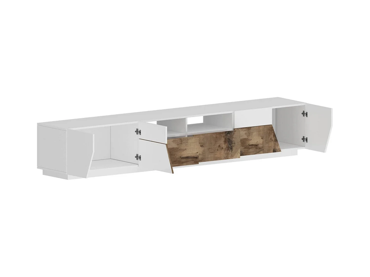 Gregorio TV-meubel, Laag woonkamerdressoir met 4 deuren, Onderstel televisiemeubel, 100% Made in Italy, 260x43h46 cm, Glanzend wit en esdoorn