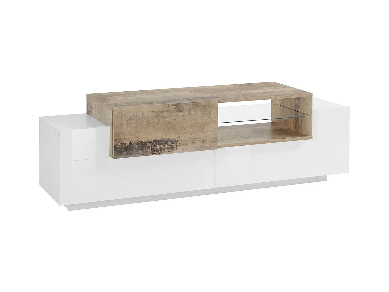 Meuble TV Pablo, Buffet bas de salon, Base pour meuble TV, 100% Made in Italy, 160x45h51 cm, Blanc brillant et Érable