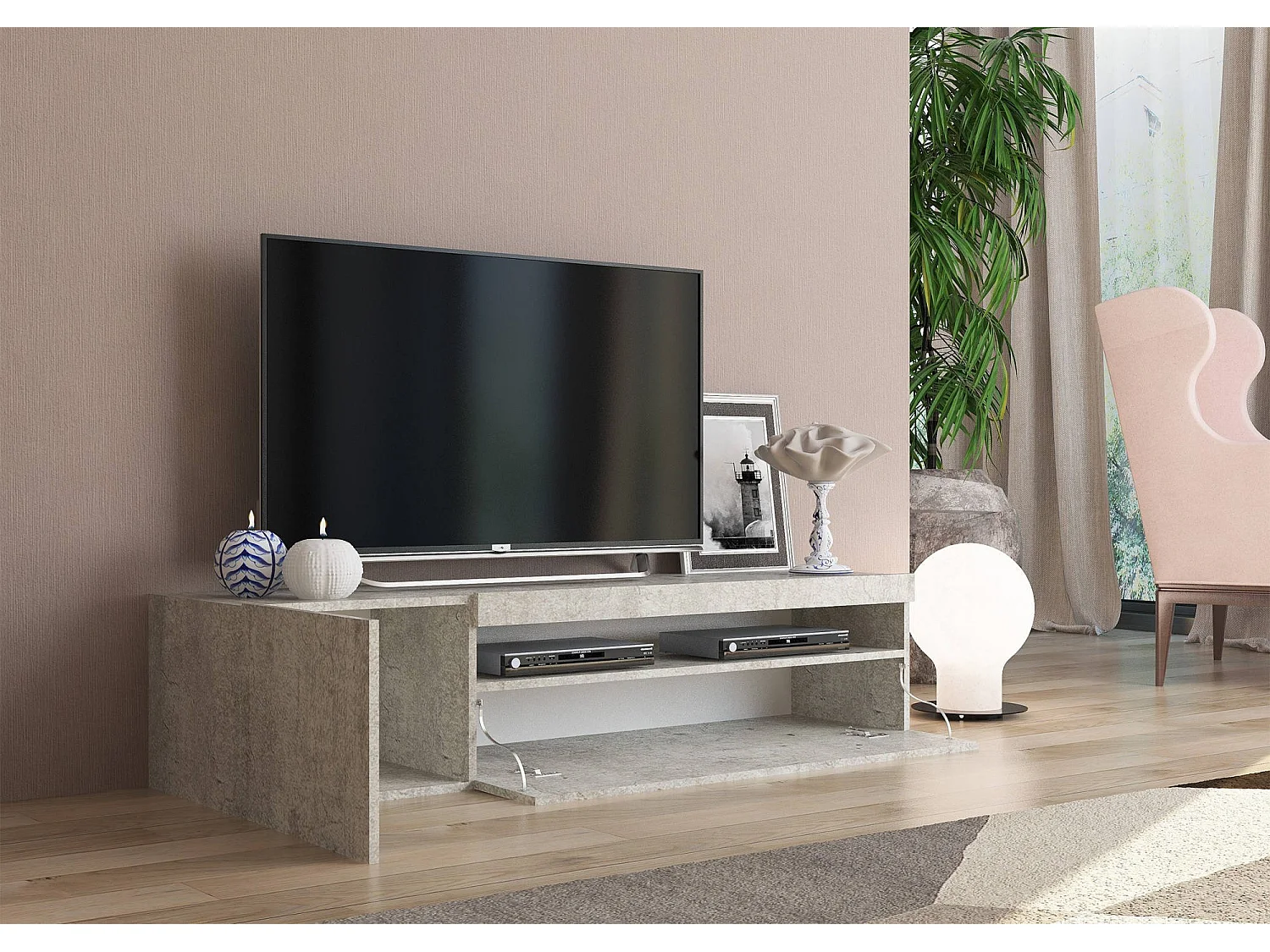 Roberto TV-meubel, Laag woonkamerdressoir met 2 deuren, Televisiestandaard, 100% Made in Italy, 150x40h37 cm, Cement