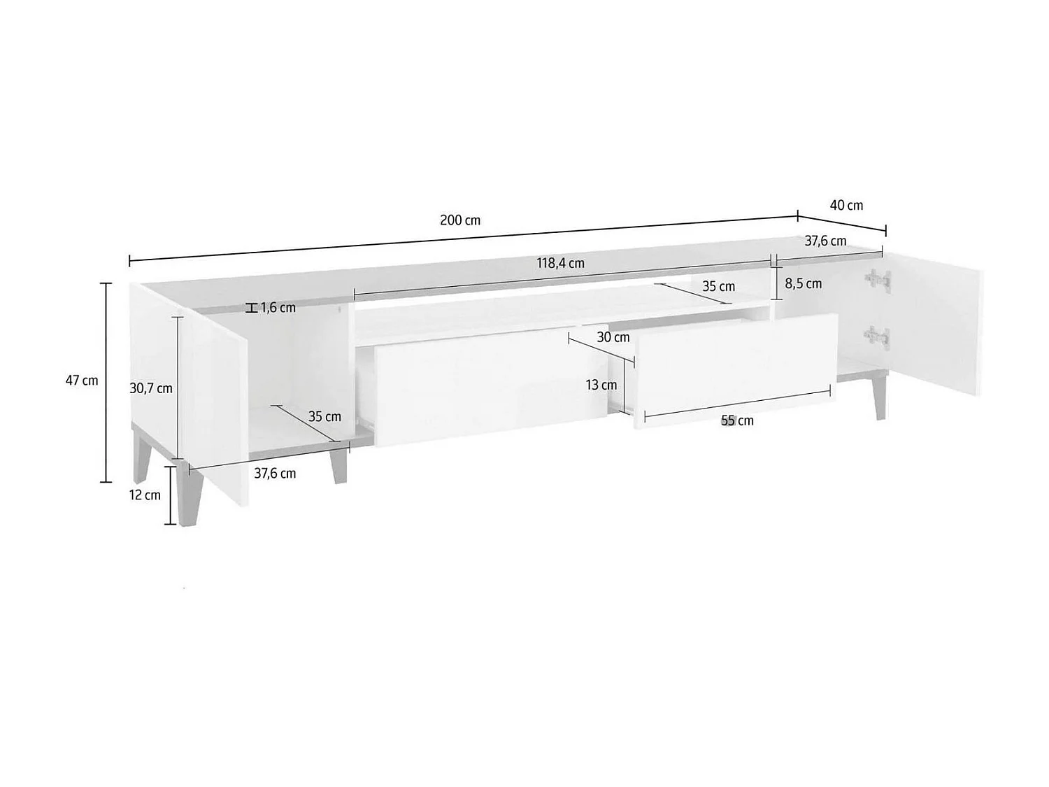 Meuble TV Raffaele, Buffet bas de salon avec 2 portes, Base pour meuble TV, 100% Made in Italy, 200x40h47 cm, Blanc brillant et ardoise