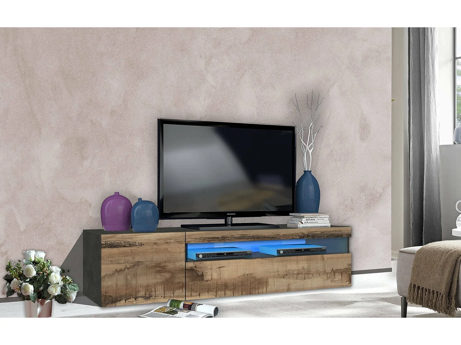 Móvel de TV Claudio, Aparador baixo de sala, Base de móvel de televisão, 100% Fabricado na Itália, 150x40h37 cm, Ardósia e Bordo, com luz LED