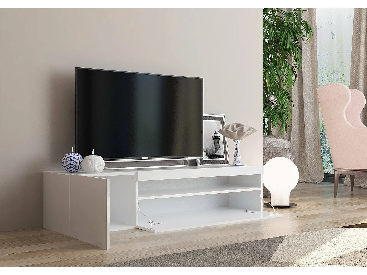 TV-Schrank Roberto, niedriges Wohnzimmer-Sideboard mit 2 Türen, Fernsehständer-Basis, 100 % Made in Italy, 150 x 40 x 37 cm, glänzendes Weiß,