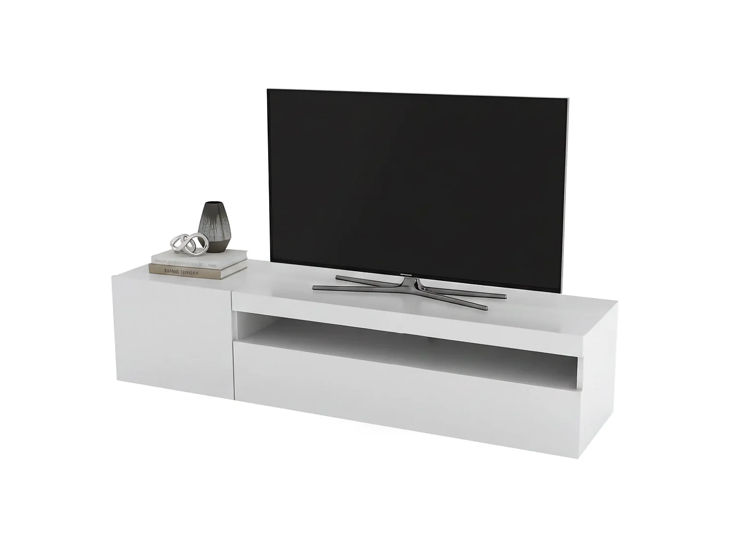 Mobile porta TV Roberto, Credenza bassa da soggiorno a 2 ante, Base porta televisione, 100% Made in Italy, cm 150x40h37, Bianco lucido