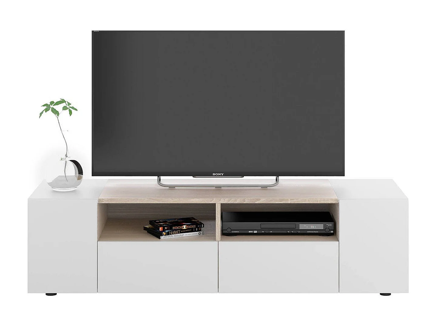 Meuble TV Topeka, Buffet télévision de salon, Meuble TV moderne, Buffet bas polyvalent, 138x42h36 cm, Blanc et Chêne