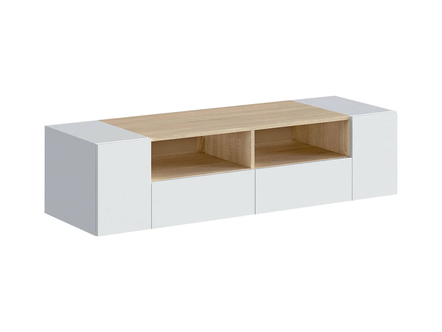 Meuble TV Topeka, Buffet télévision de salon, Meuble TV moderne, Buffet bas polyvalent, 138x42h36 cm, Blanc et Chêne
