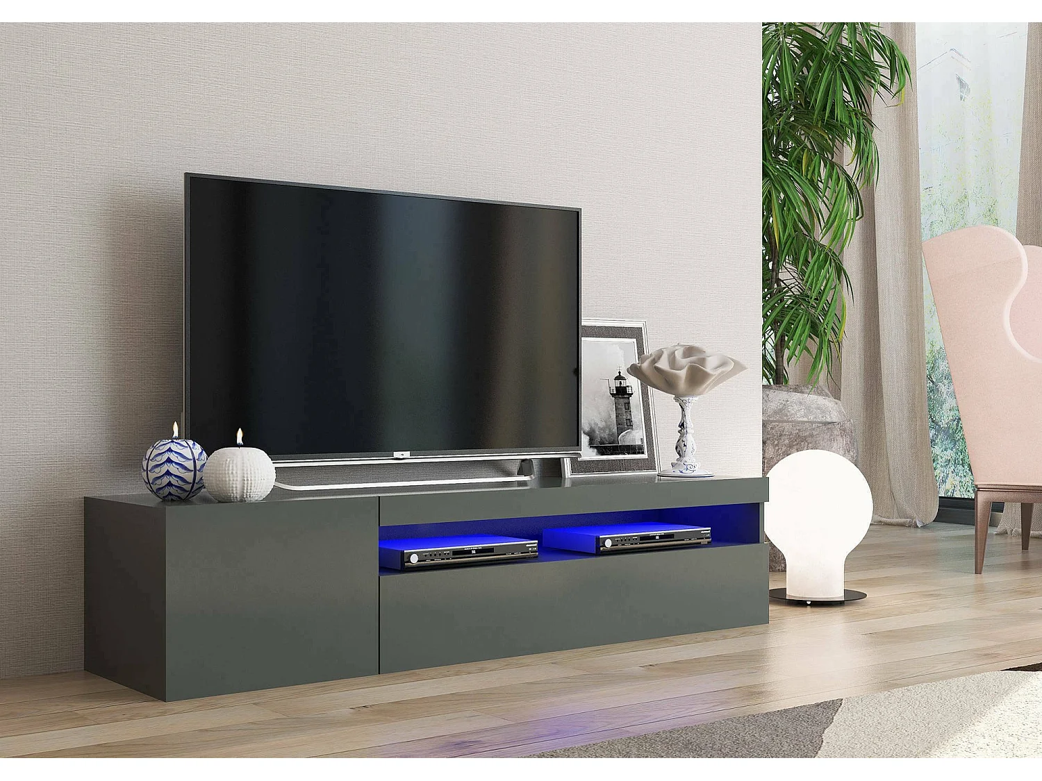 Meuble TV Turi, Buffet bas de salon, Base pour meuble TV, 100% Made in Italy, 150x40h37 cm, Anthracite Brillant, avec lumière LED