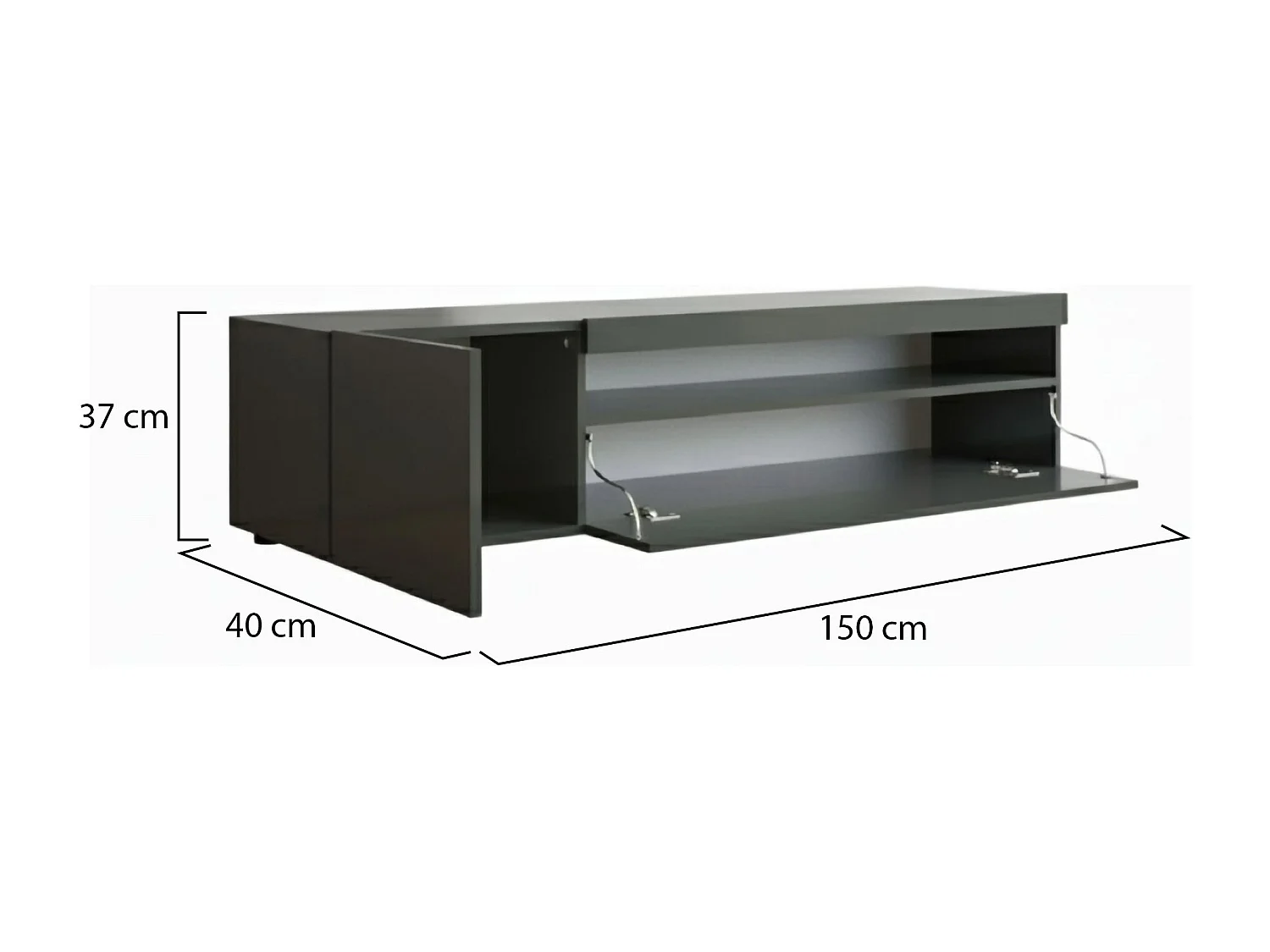 Móvel de TV Turi, Aparador baixo de sala, Base de móvel de televisão, 100% Fabricado em Itália, 150x40h37 cm, Antracite brilhante, com luz LED