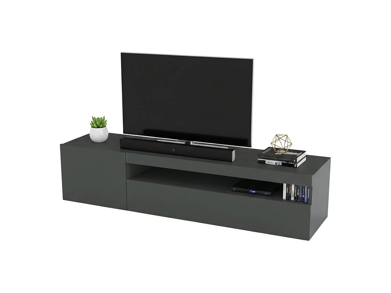 Móvel de TV Turi, Aparador baixo de sala, Base de móvel de televisão, 100% Fabricado em Itália, 150x40h37 cm, Antracite brilhante, com luz LED
