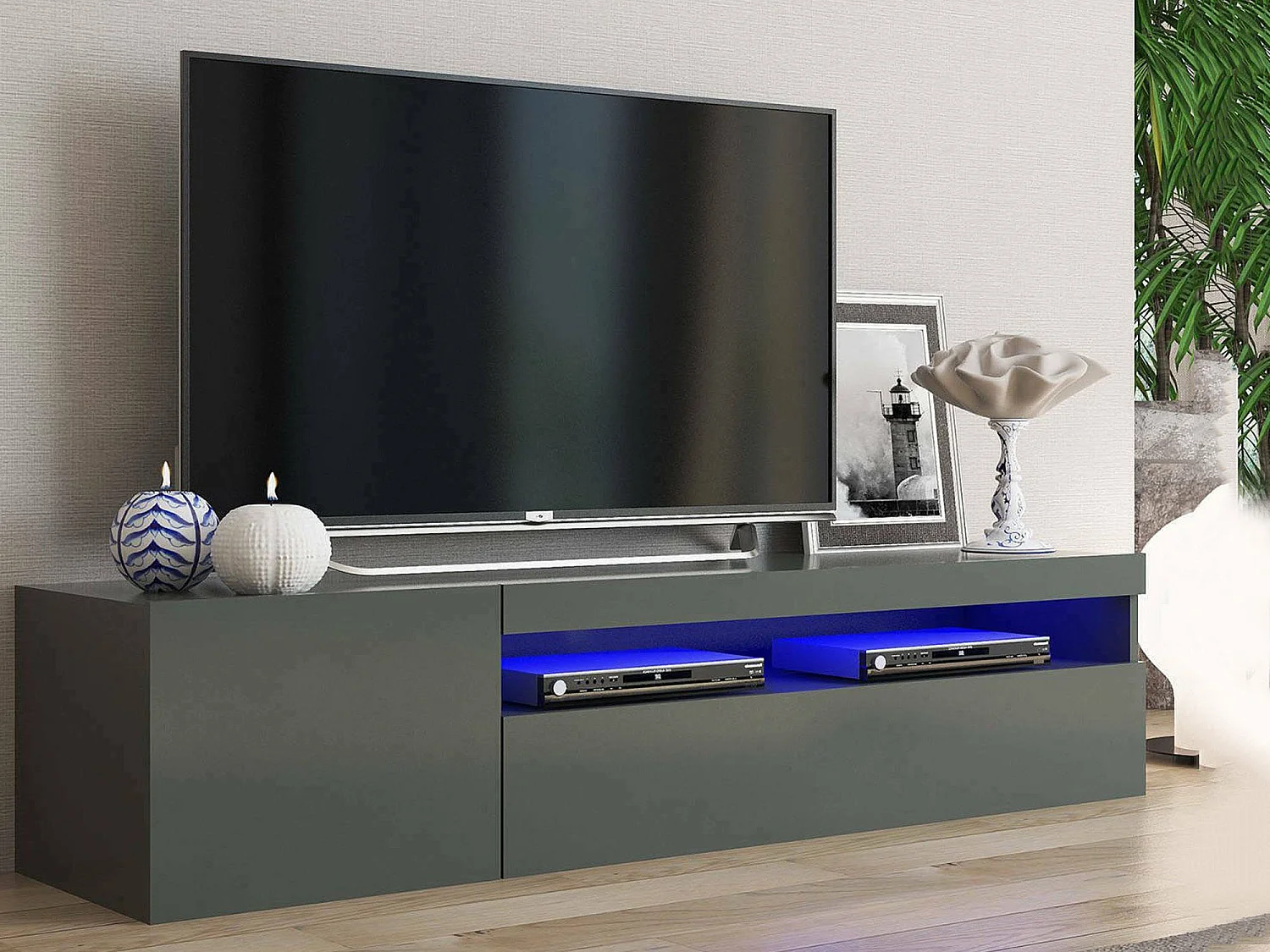 Móvel de TV Turi, Aparador baixo de sala, Base de móvel de televisão, 100% Fabricado em Itália, 150x40h37 cm, Antracite brilhante, com luz LED