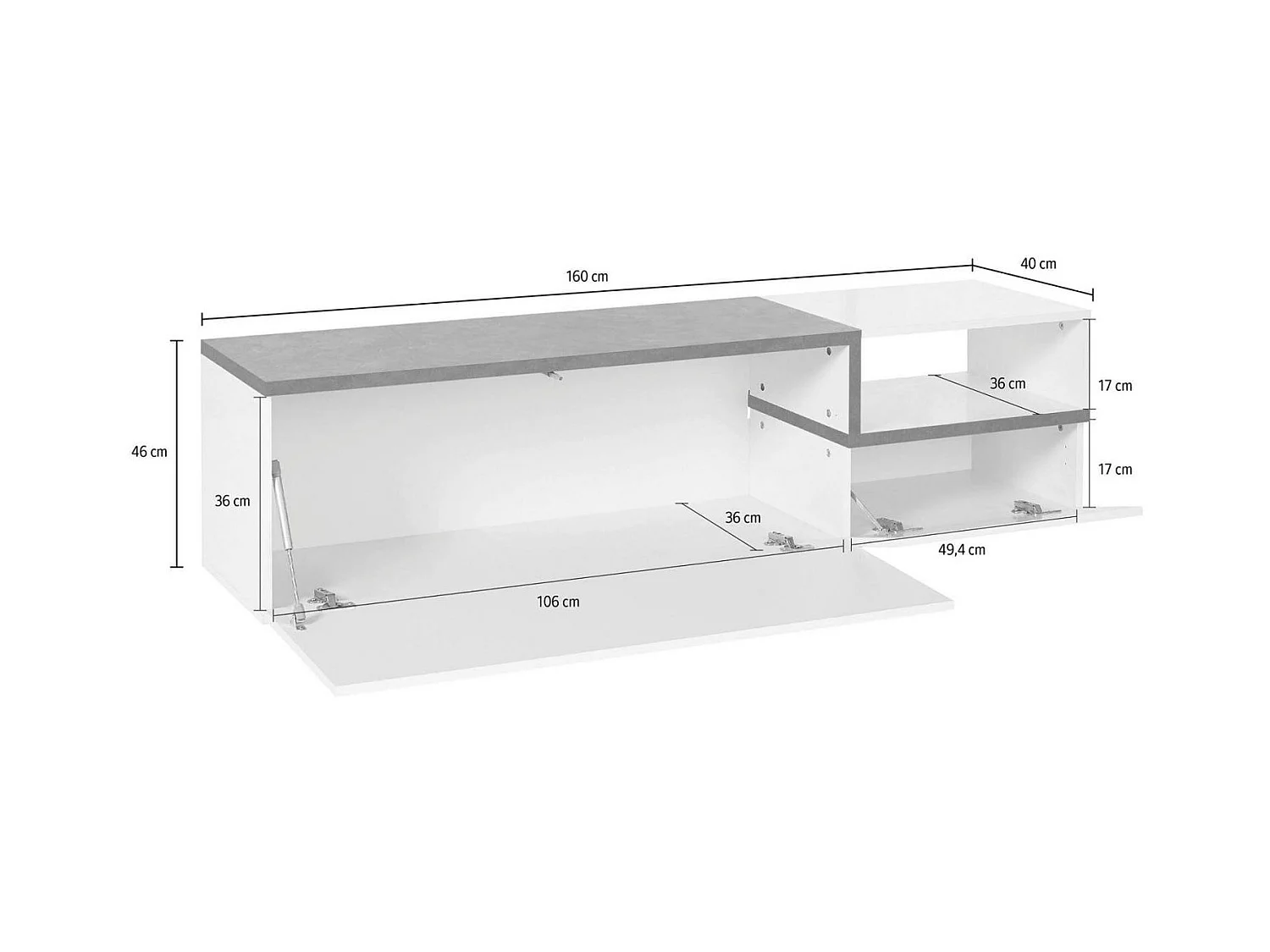 Lapo TV-meubel, Laag woonkamerdressoir met 2 deuren, Onderstel televisiemeubel, 100% Made in Italy, 160x40h46 cm, Glanzend wit en leisteen