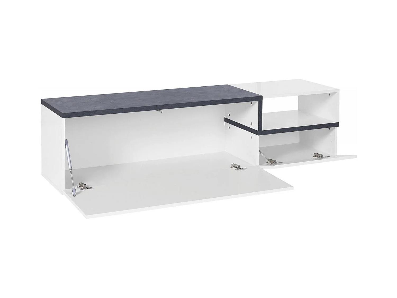 Lapo TV-meubel, Laag woonkamerdressoir met 2 deuren, Onderstel televisiemeubel, 100% Made in Italy, 160x40h46 cm, Glanzend wit en leisteen