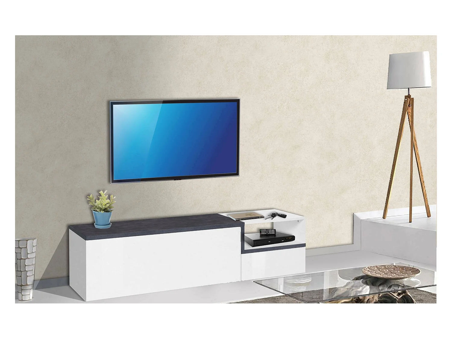 Lapo TV-meubel, Laag woonkamerdressoir met 2 deuren, Onderstel televisiemeubel, 100% Made in Italy, 160x40h46 cm, Glanzend wit en leisteen