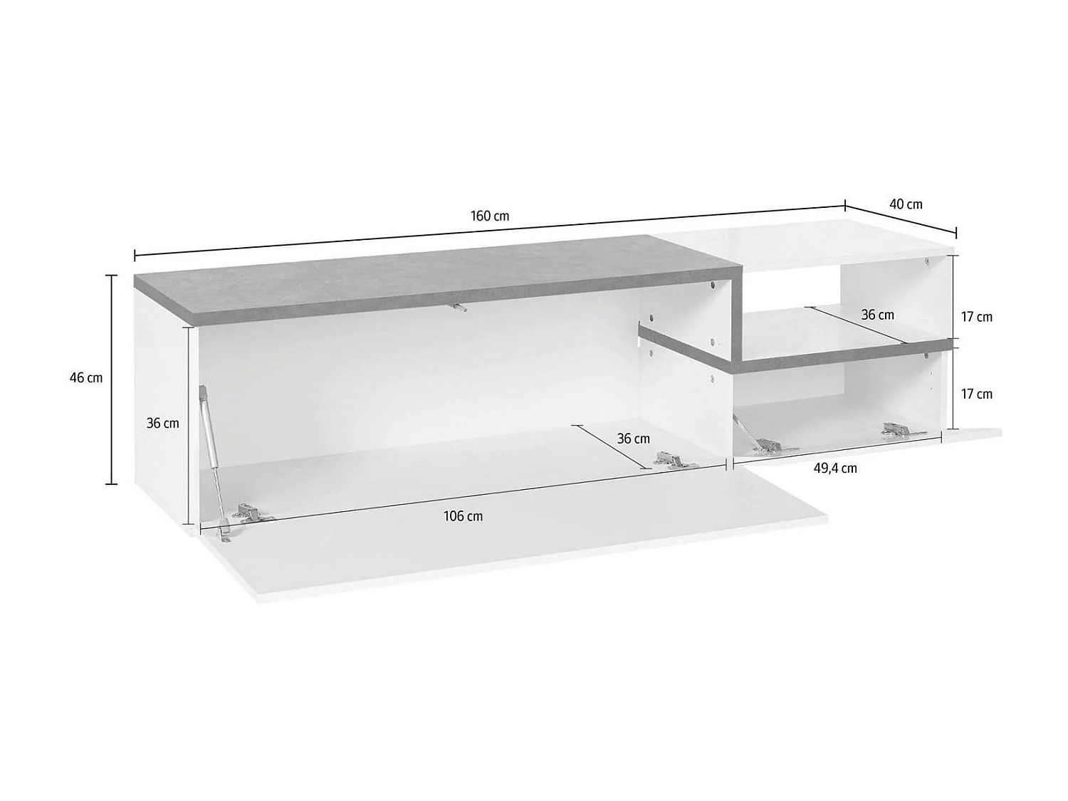 Móvel de TV Lapo, Aparador baixo de sala com 2 portas, Base de móvel de televisão, 100% Fabricado em Itália, 160x40h46 cm, Branco brilhante e ardósia