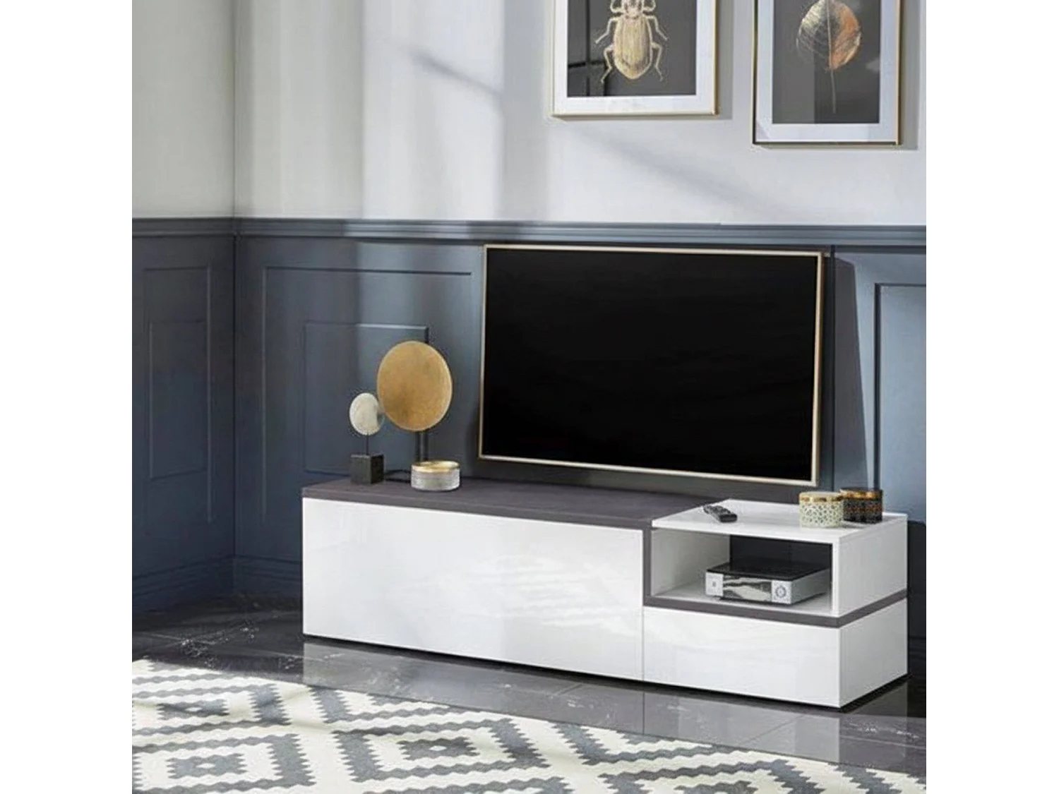 Meuble TV Lapo, Buffet bas de salon avec 2 portes, Base pour meuble TV, 100% Made in Italy, 160x40h46 cm, Blanc brillant et ardoise
