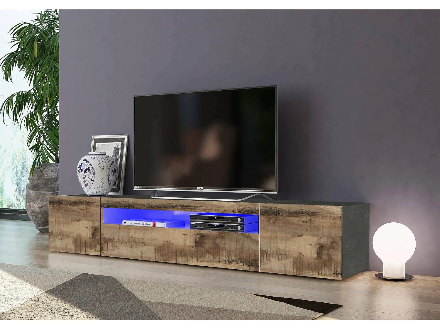 Meuble TV Salvatore, Buffet bas de salon avec 3 portes, Base pour meuble TV, 100% Made in Italy, 200x40h37 cm, Ardoise et Érable