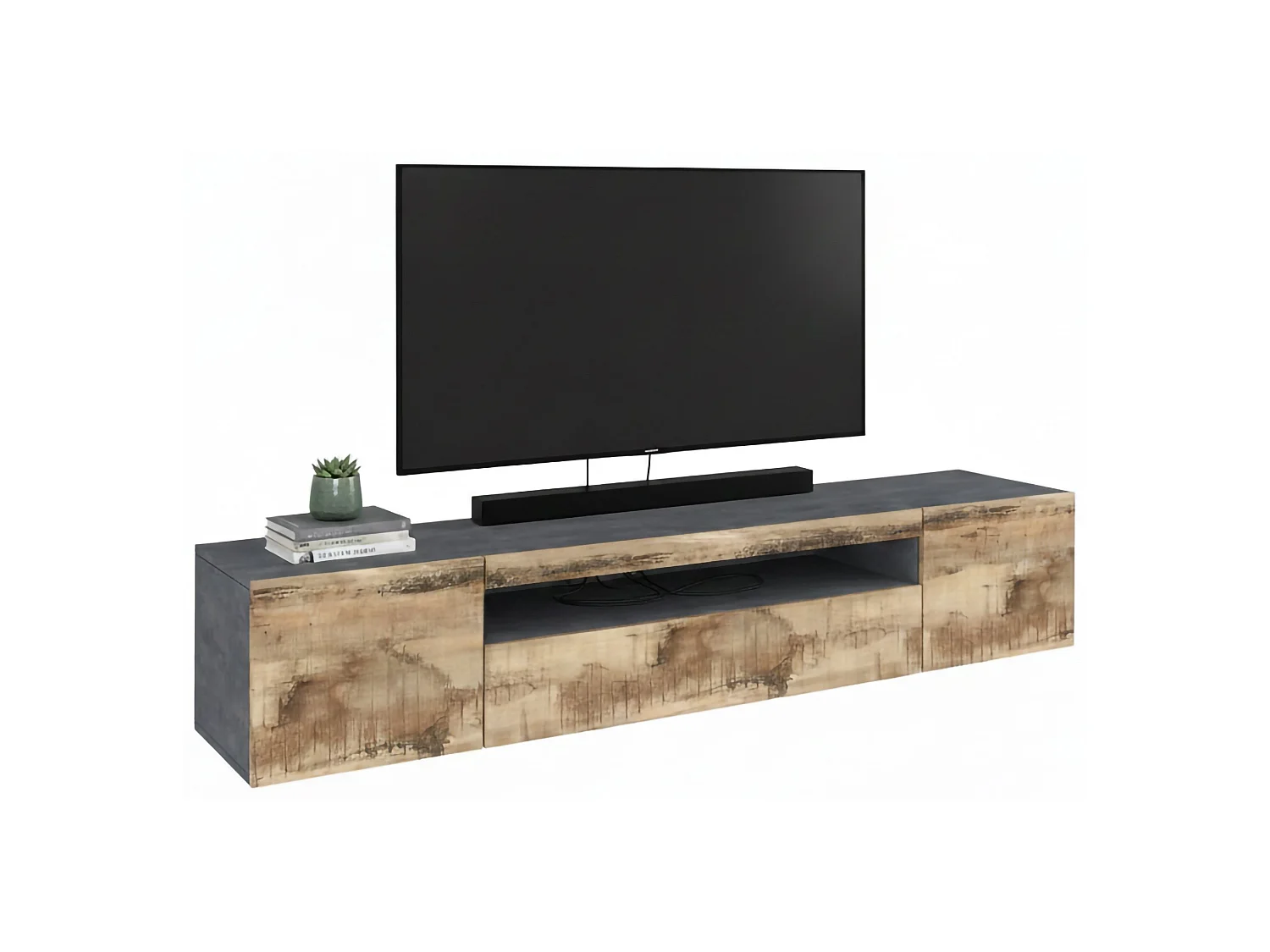 Móvel de TV Salvatore, Aparador baixo de sala com 3 portas, Base de móvel de televisão, 100% Fabricado na Itália, 200x40h37 cm, Ardósia e Bordo