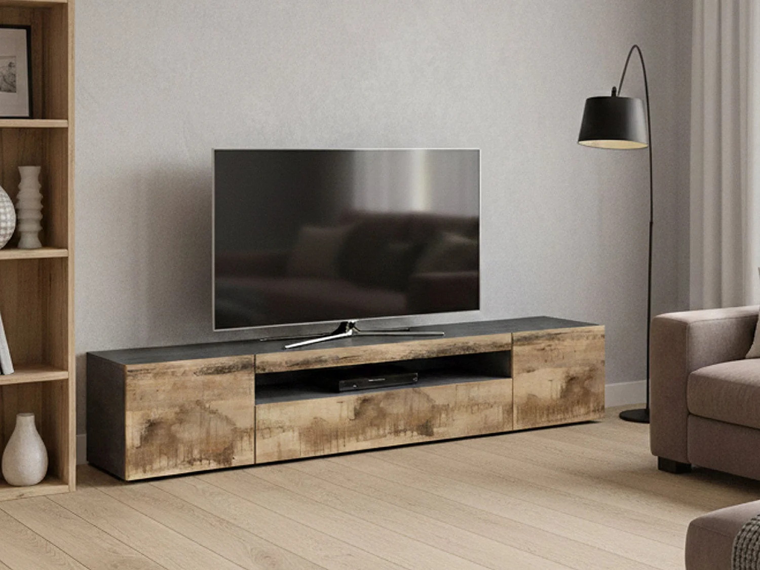 Móvel de TV Salvatore, Aparador baixo de sala com 3 portas, Base de móvel de televisão, 100% Fabricado na Itália, 200x40h37 cm, Ardósia e Bordo