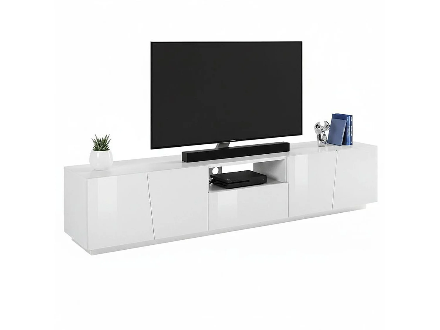 Mobile porta TV Paul, Credenza bassa da soggiorno, Base porta televisione, 100% Made in Italy, cm 220x43h46, Bianco lucido, con luce LED