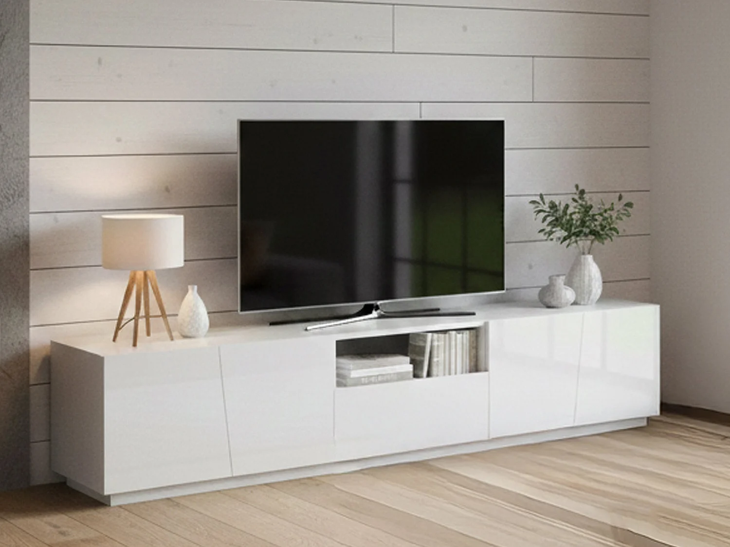 Mobile porta TV Paul, Credenza bassa da soggiorno, Base porta televisione, 100% Made in Italy, cm 220x43h46, Bianco lucido, con luce LED