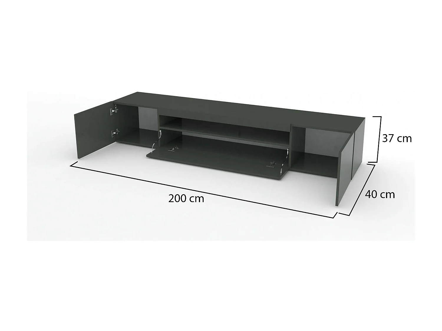 Jesse Mueble para TV, Aparador bajo de salón con 3 puertas, Base para mueble para televisión, 100% Made in Italy, 200x40h37 cm, Antracita Brillo, con luz LED