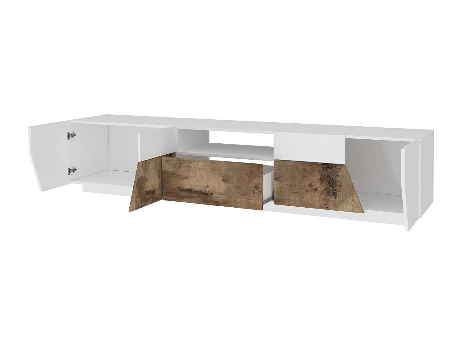 Meuble TV Jacopo, Buffet bas de salon, Base pour meuble TV, 100% Made in Italy, 220x43h46 cm, Blanc brillant et érable