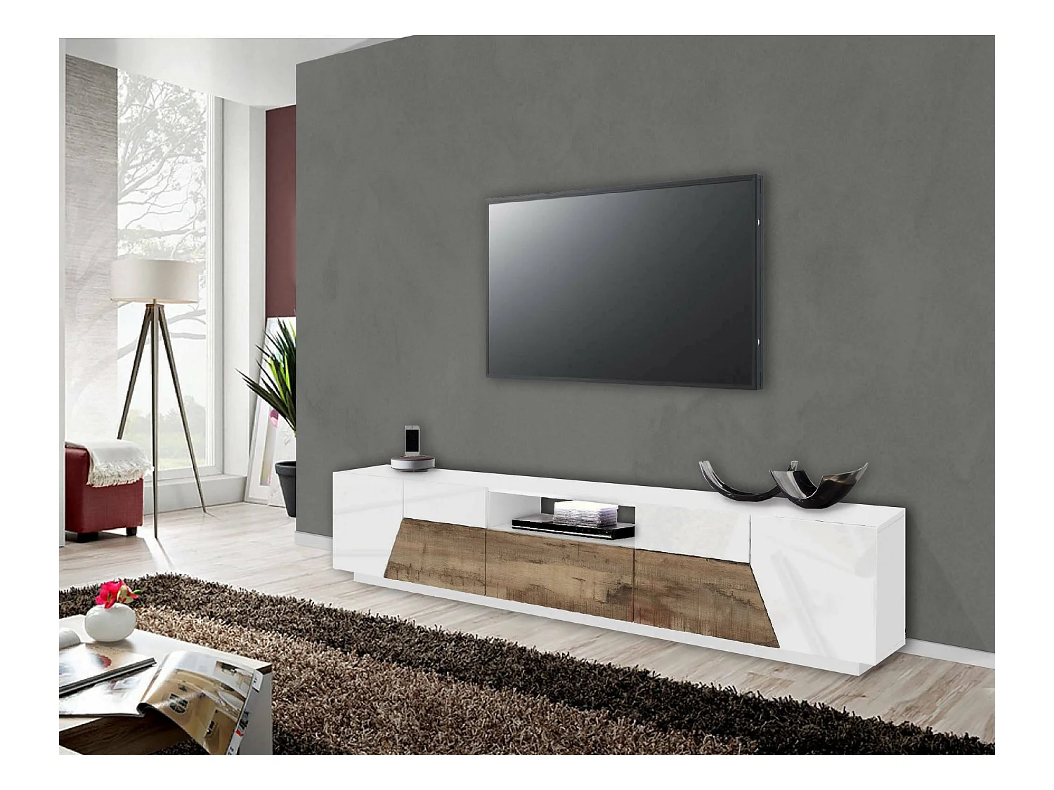 Jacopo TV-meubel, Laag woonkamerdressoir, Onderstel televisiemeubel, 100% Made in Italy, 220x43h46 cm, Glanzend wit en esdoorn