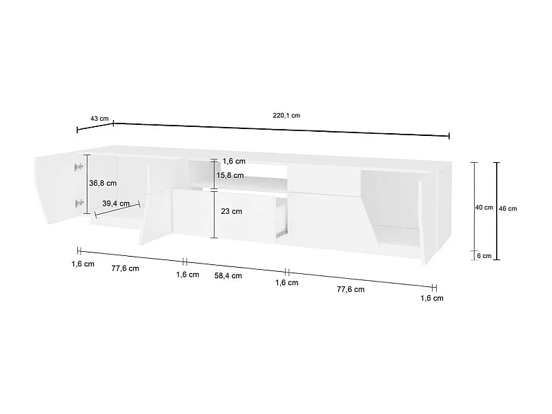 Jacopo Mueble TV, Aparador bajo de salón, Base para mueble de televisión, 100% Made in Italy, 220x43h46 cm, Blanco brillo y arce