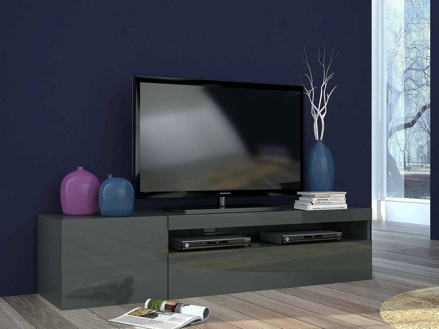 Turi TV-meubel, Laag woonkamerdressoir, Onderstel televisiemeubel, 100% Made in Italy, 150x40h37 cm, Glanzend antraciet