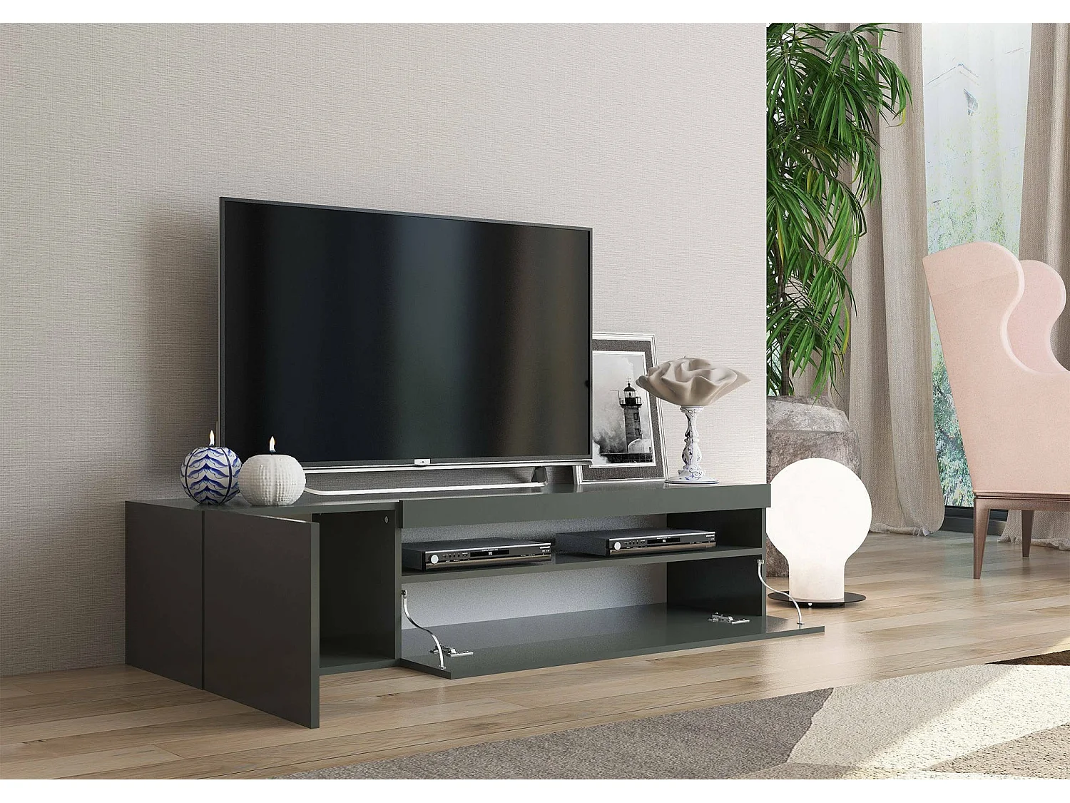 Meuble TV Turi, Buffet bas de salon, Base pour meuble TV, 100% Made in Italy, 150x40h37 cm, Anthracite Brillant