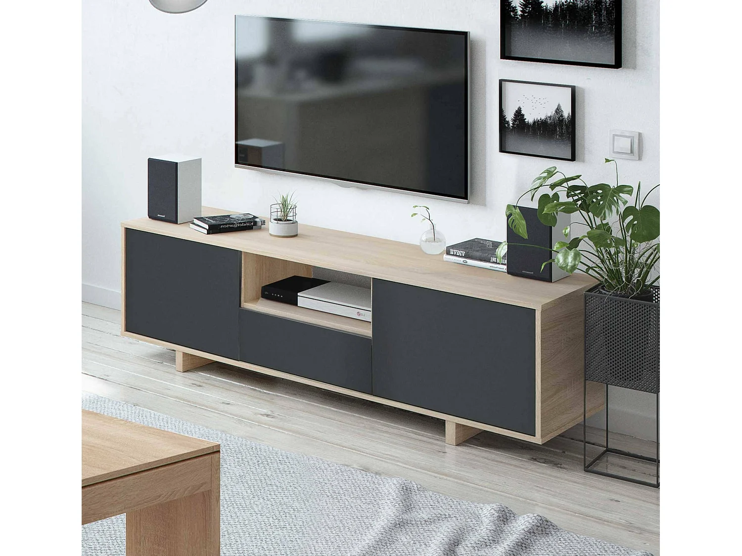 Visalia TV-Ständer, Sideboard für Wohnzimmerfernseher, 3-türiger TV-Ständer, niedriges Sideboard, 150x41h46 cm, Eiche