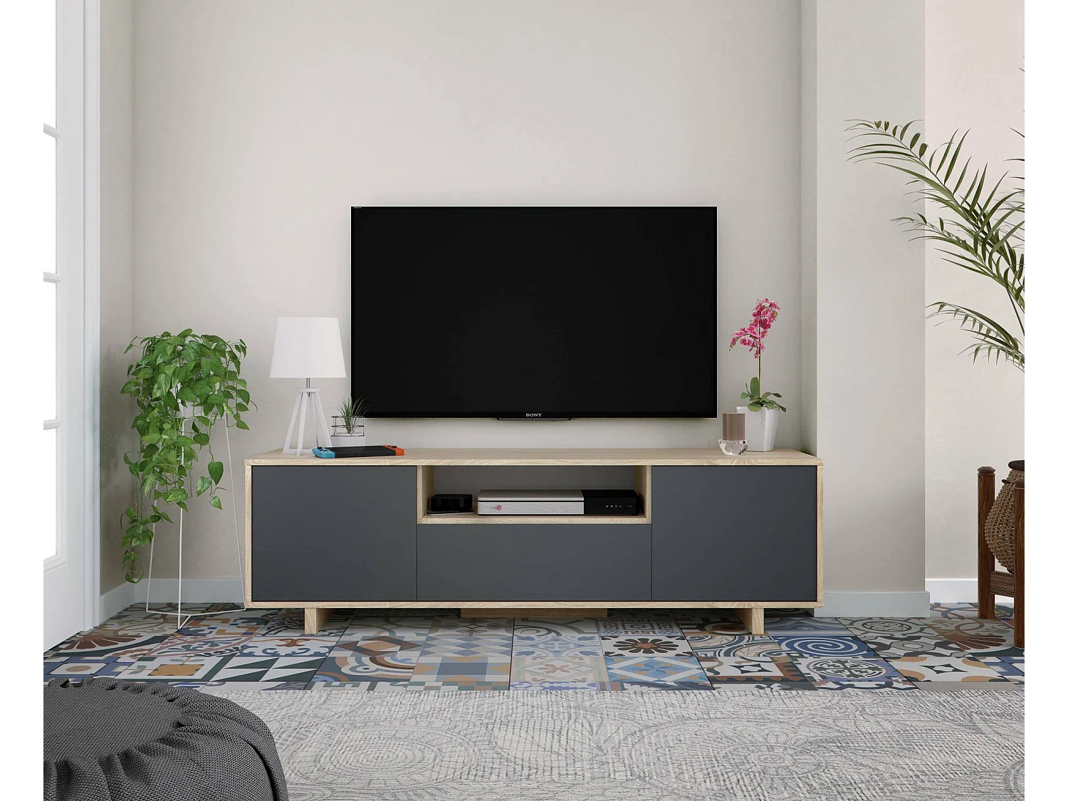 Mobile porta TV Visalia, Credenza per televisione da soggiorno, Supporto TV a 3 ante, Credenza bassa, 150x41h46 cm, Rovere